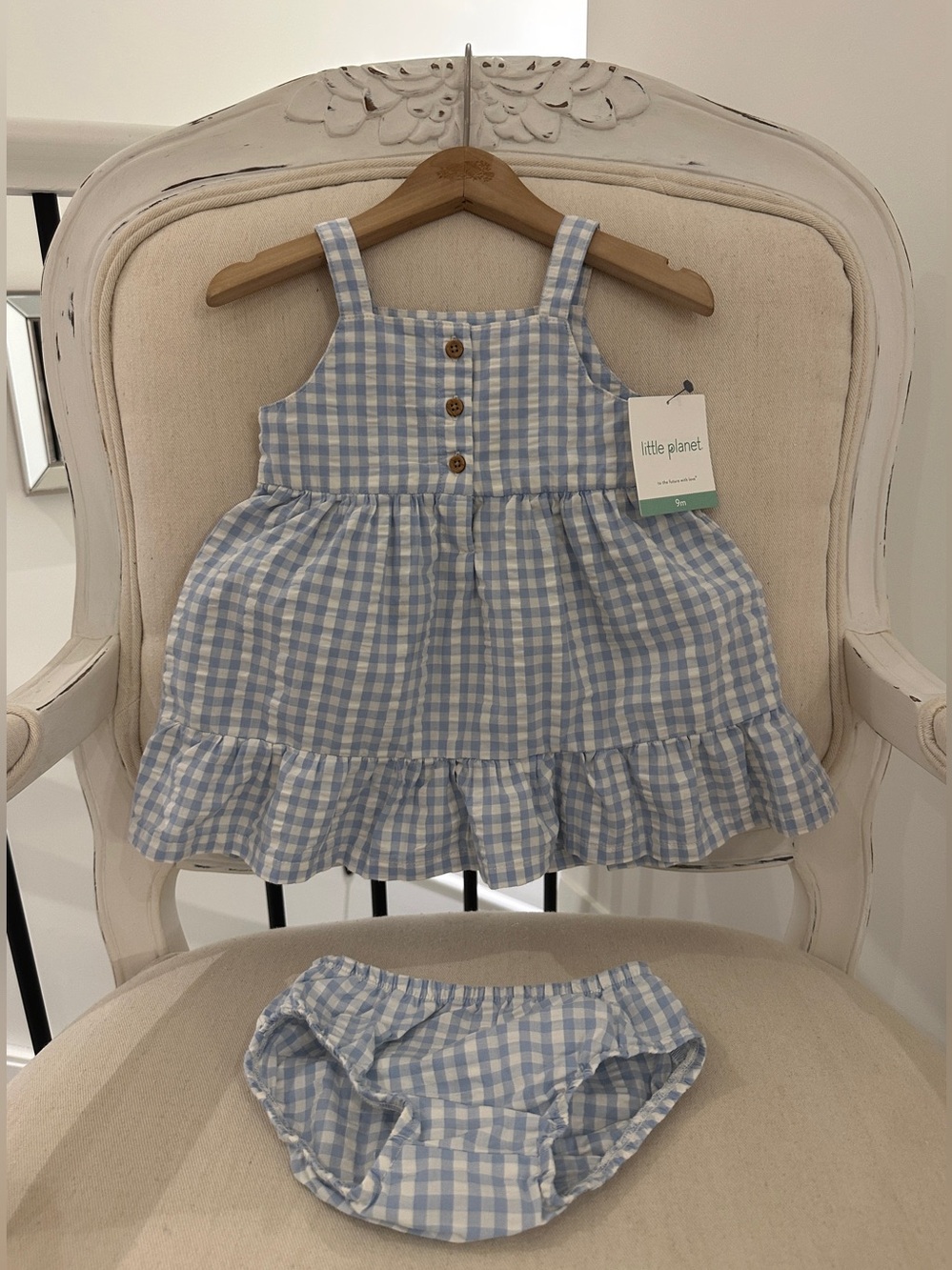 🦢 9 Mth Organic Little Planet Blue Gingham Ruffle Baby Dress with Bloomers NWT